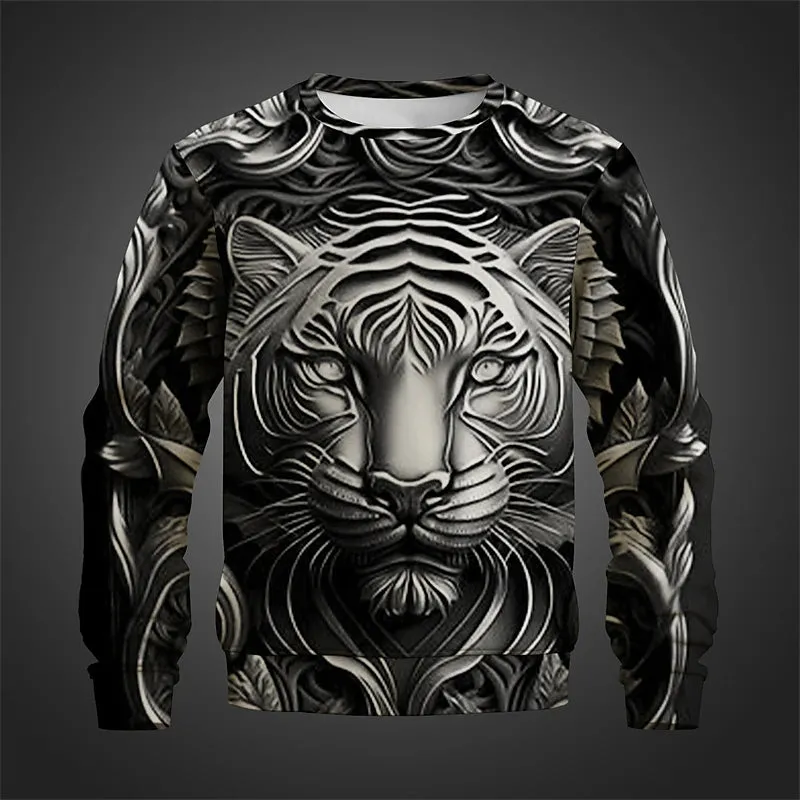 3D Golden Tiger Men's Printed Crew Neck Sweatshirt in Light Green and Red