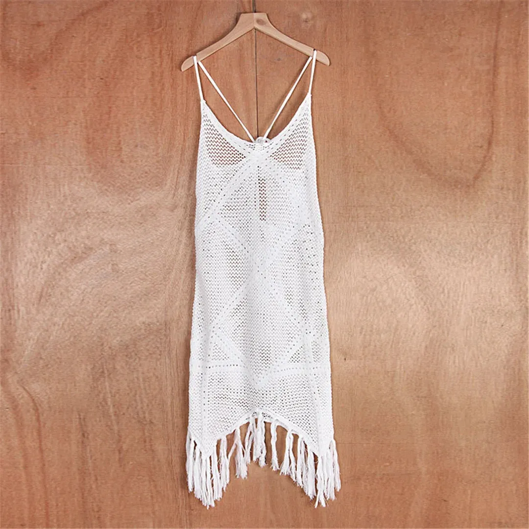 Bora Bora Fringe Tassel Hollow Out Knitted Tunic Beach Cover Up