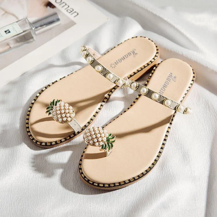 Chicvane Clip Toe Pineapple Pearl Flat Sandals Slides Shoes