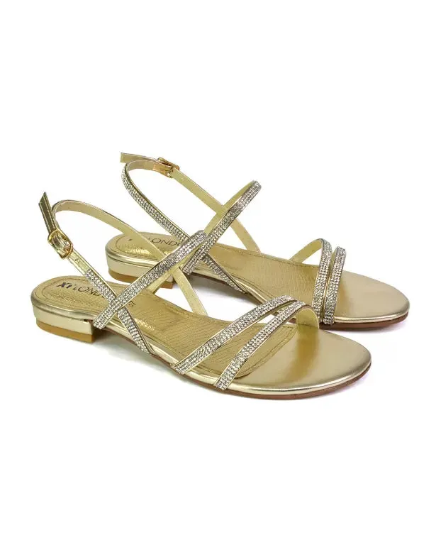 Orla Buckle Strappy Summer Sparkly Flat Diamante Sandals Bridal Flats in Gold